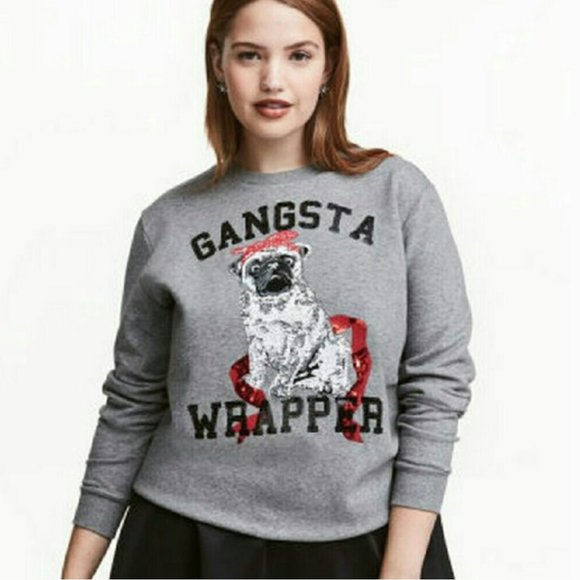 H&M Sweaters - H&M Gangsta Wrapper Pug Christmas Sequin Sweater Gray Dog Present Holiday XS